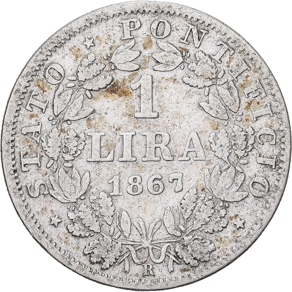 ITALIAN STATES, 1 Lira, 1867, Roma, KM #1378, VF(30-35), Silver, 4.80