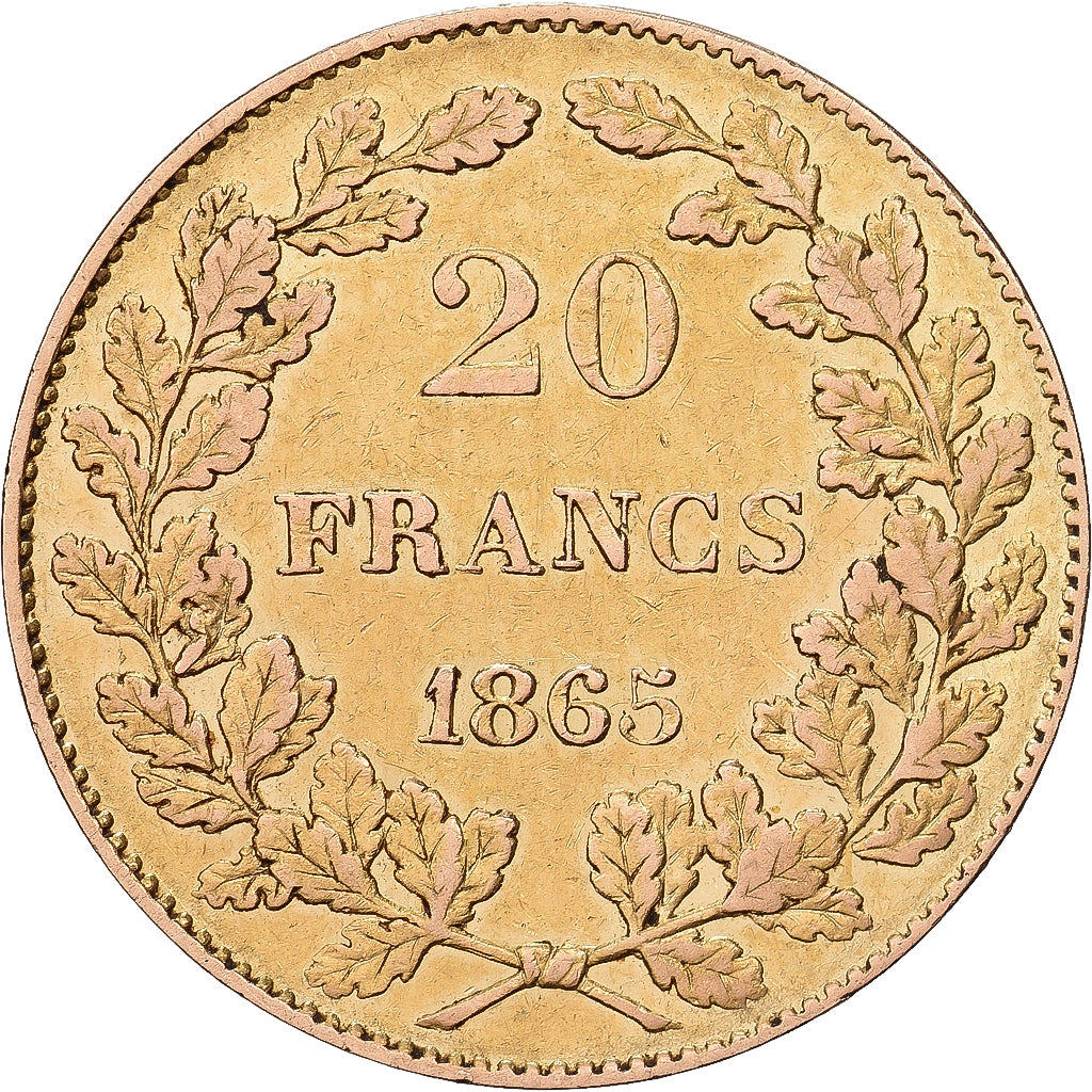 Bélgica, 20 Francs, 1865, Dourado, EF(40-45), KM:23