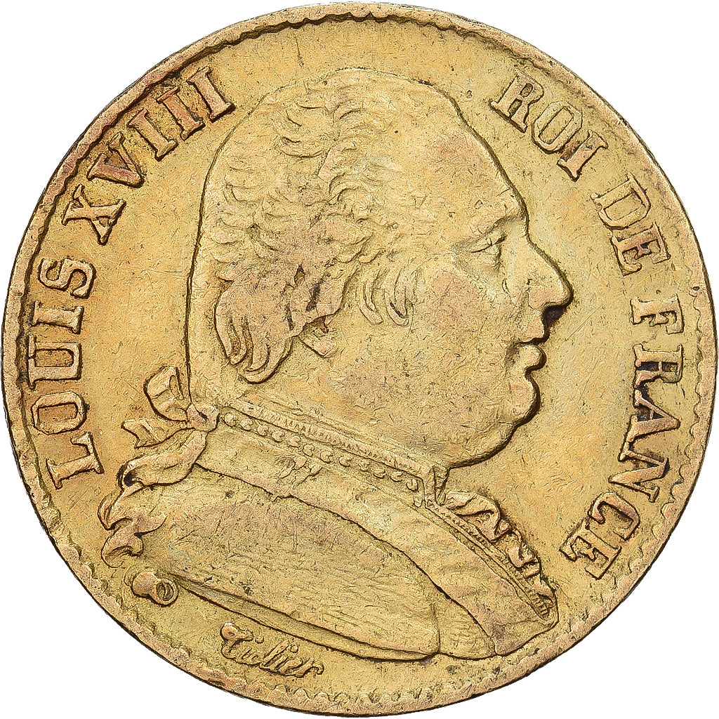 Francia, Louis XVIII, 20 Francs, 1814, Paris, BC+, Oro, KM:706.1, Gadoury:1026