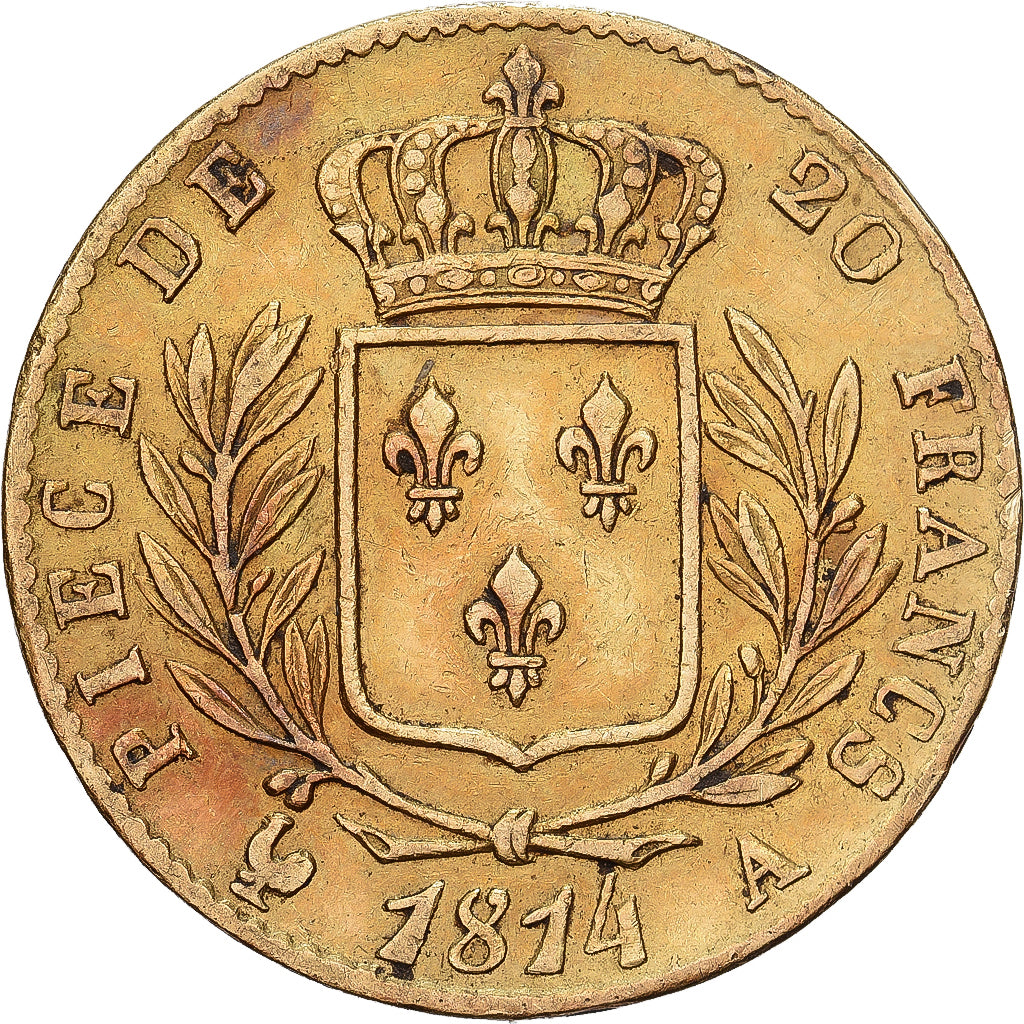 Francia, Louis XVIII, 20 Francs, 1814, Paris, BC+, Oro, KM:706.1, Gadoury:1026