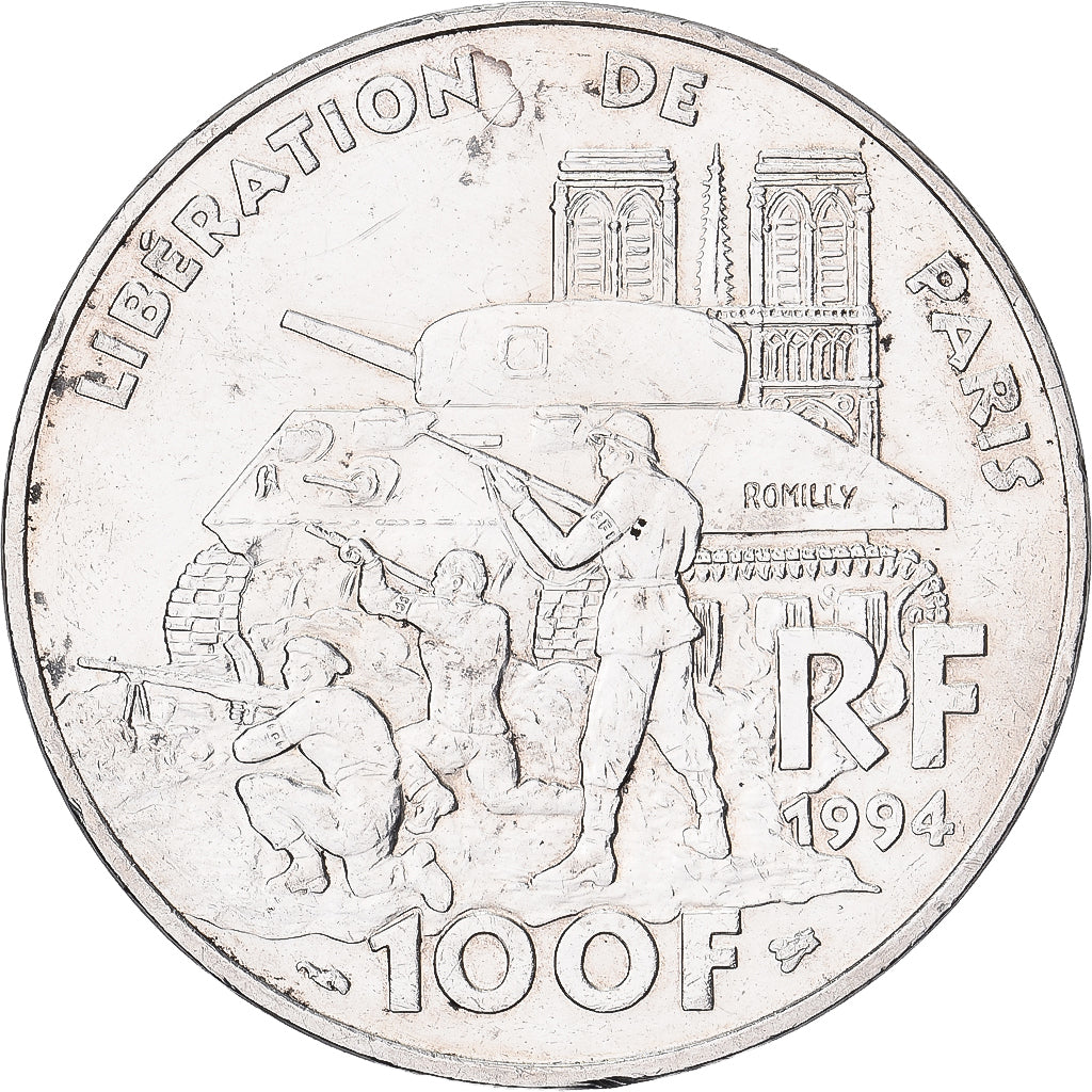 France, Libération de Paris, 100 Francs, 1994, MS(60-62), Silver, KM:1045.1