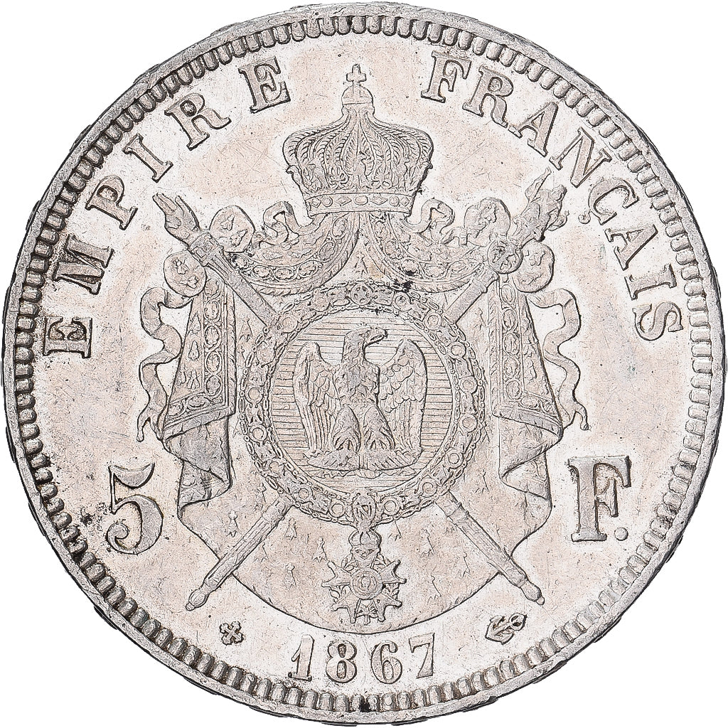 Frankrijk, 5 Francs, Napoléon III, 1867, Strasbourg, Zilver, ZF+, KM:799.2