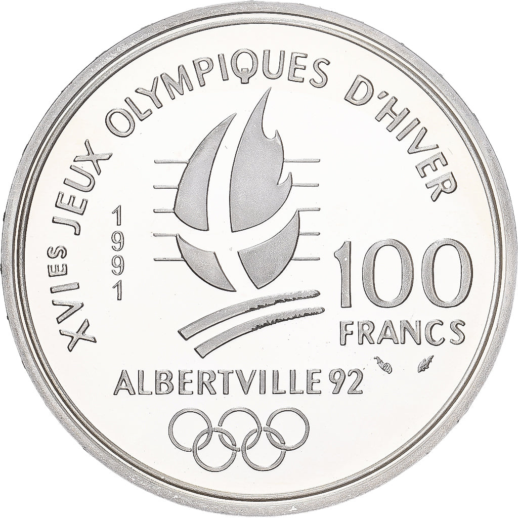 Moneta, Francia, Albertville 1992, 100 Francs, 1991, Paris, FDC, Argento
