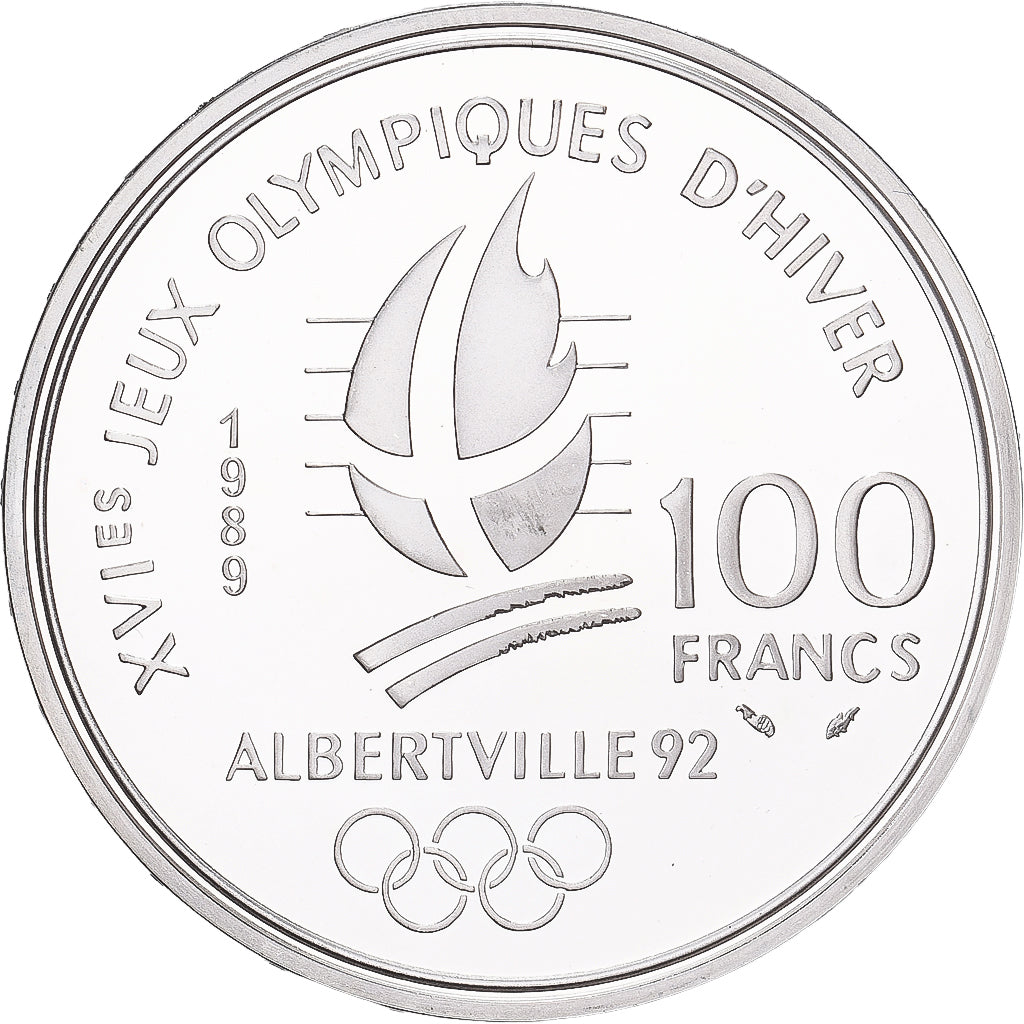 Moneta, Francja, Albertville 1992, 100 Francs, 1989, Paris, MS(65-70), Srebro