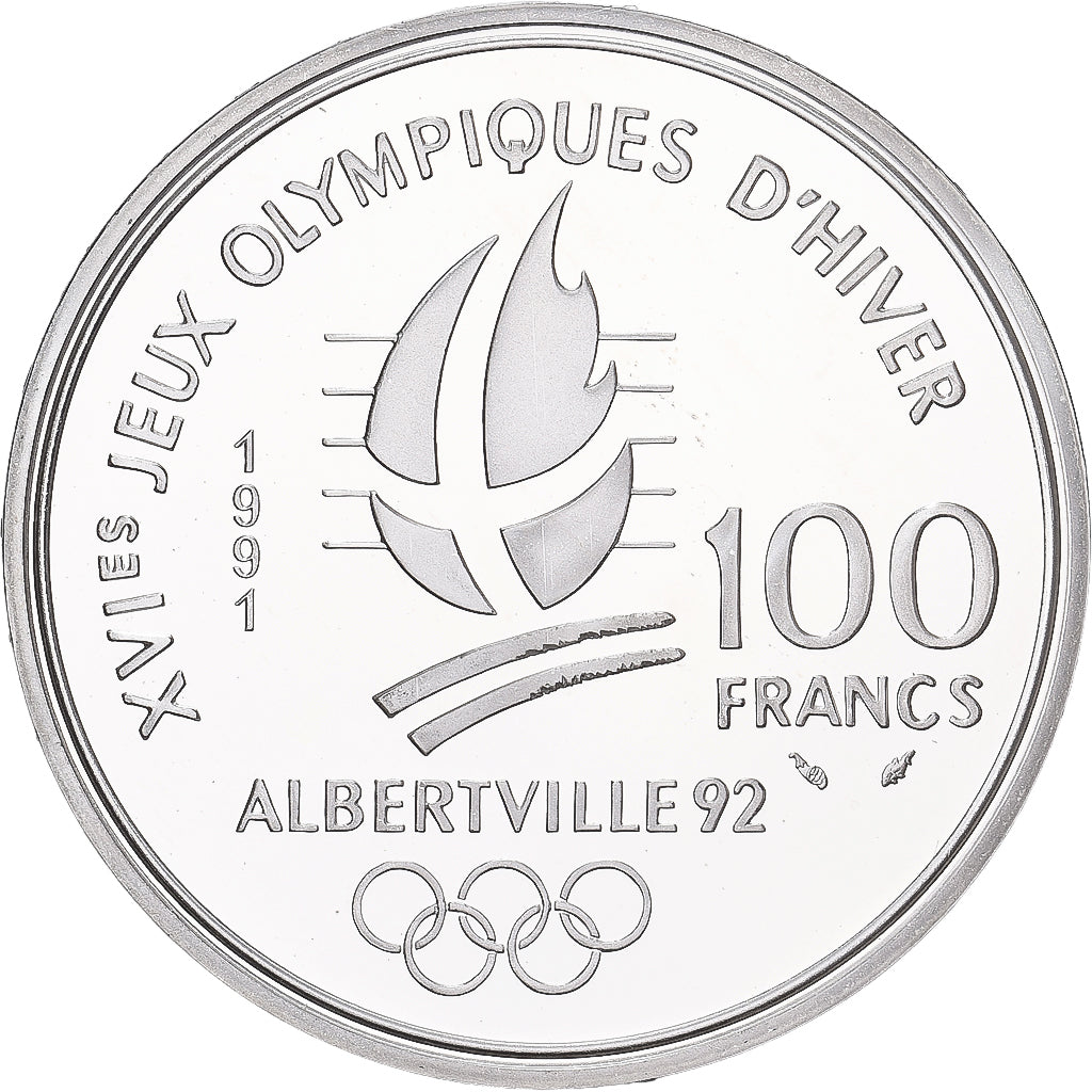 Moneda, Francia, Albertville 1992, 100 Francs, 1991, Paris, FDC, Plata
