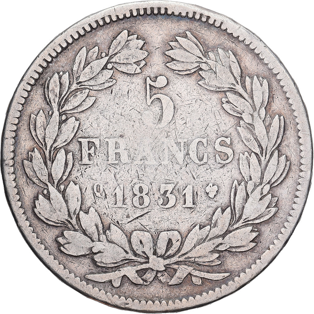 FRANCE, Louis-Philippe, 5 Francs, 1831, Perpignan, KM #745.11, VG(8-10),...