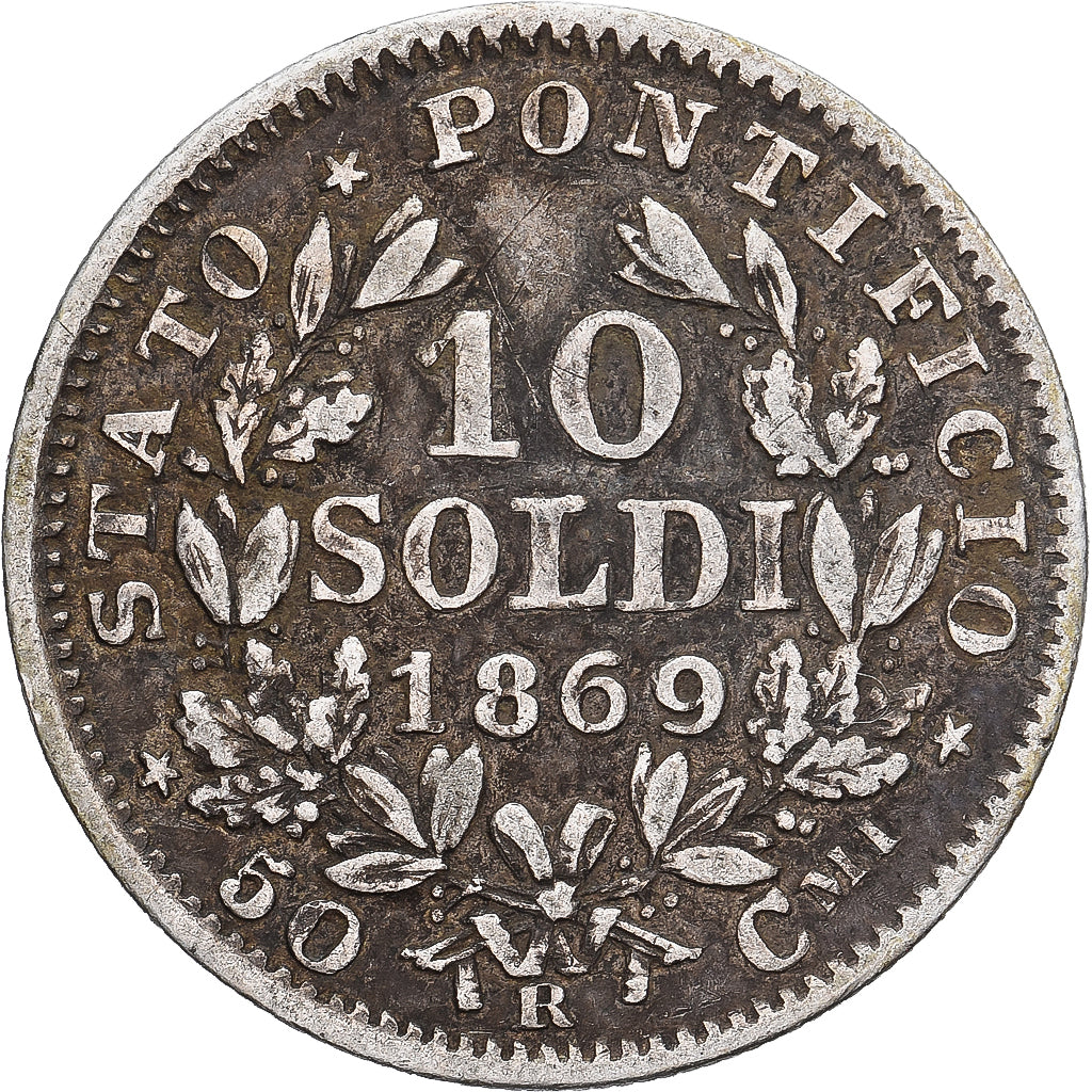 ITALIAN STATES, 10 Soldi, 50 Centesimi, 1869, Roma, KM #1386.1, EF(40-45),...