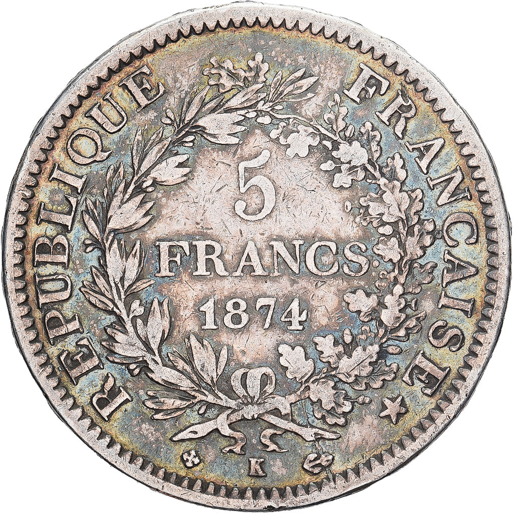 Moeda, França, Hercule, 5 Francs, 1874, Bordeaux, EF(40-45), Prata, KM:820.2