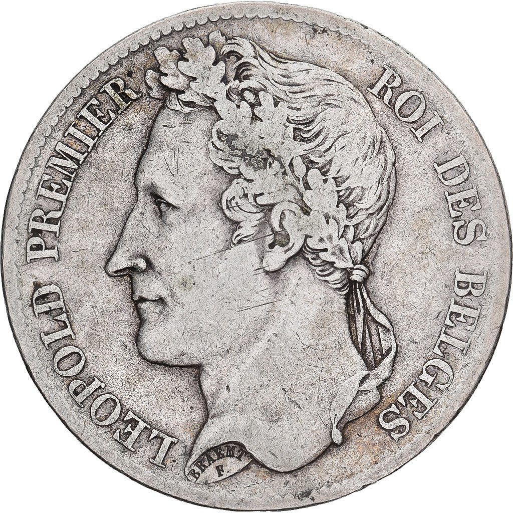 Bélgica, Leopold I, 5 Francs, 1833, Brussels, Tranche B, Prata, VF(30-35)