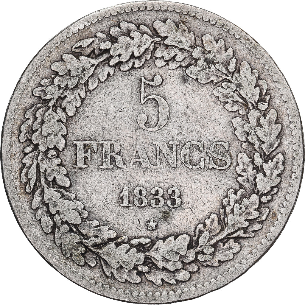 Bélgica, Leopold I, 5 Francs, 1833, Brussels, Tranche B, Prata, VF(30-35)
