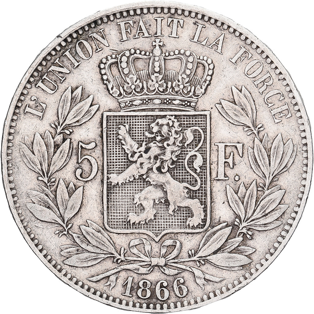 Belgium, Leopold II, 5 Francs, 5 Frank, 1866, Rare, Silver, VF(30-35), KM:25