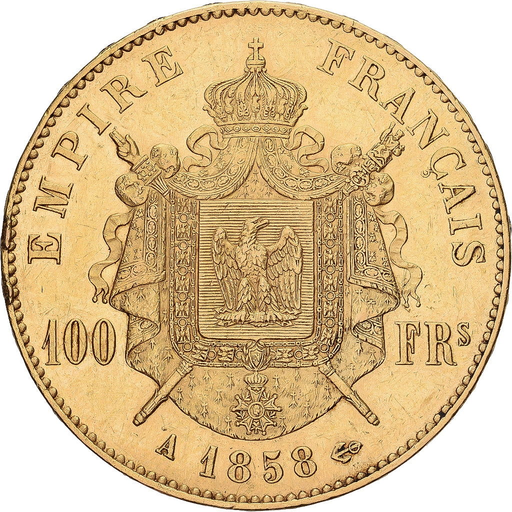 França, 100 Francs, Napoléon III, 1858, Paris, Dourado, EF(40-45)