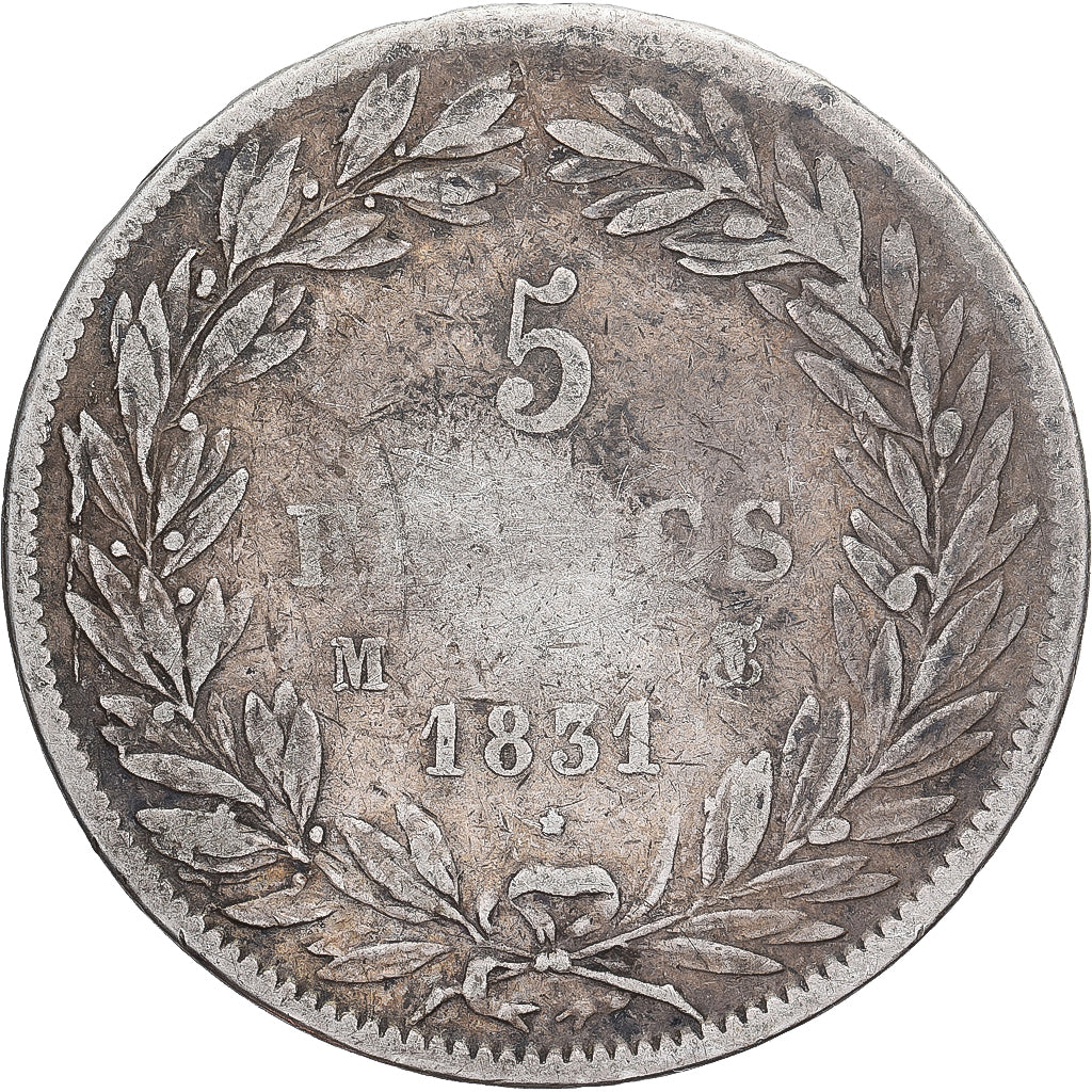 Moeda, França, Louis-Philippe, 5 Francs, 1831, Toulouse, VF(20-25), Prata