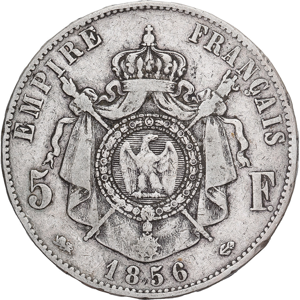 Moneda, Francia, Napoleon III, Napoléon III, 5 Francs, 1856, Lyon, BC+, Plata
