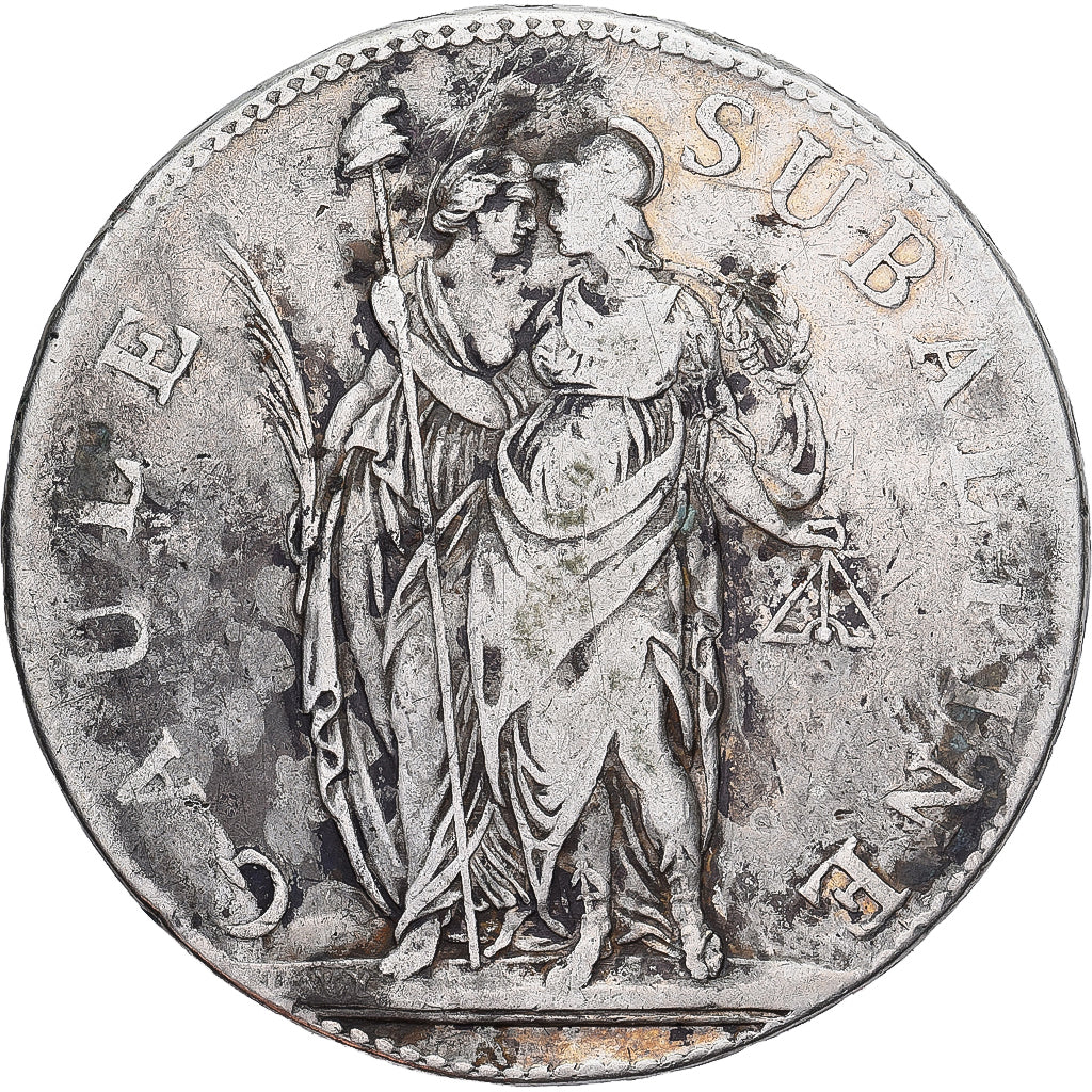 Piedmontese Republic, 5 Francs, An 9 (1801), Torino, Silver, VF(30-35)
