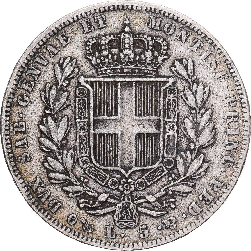 Italian States, SARDINIA, Carlo Alberto, 5 Lire, 1835, Genoa, Silver, VF(20-25)
