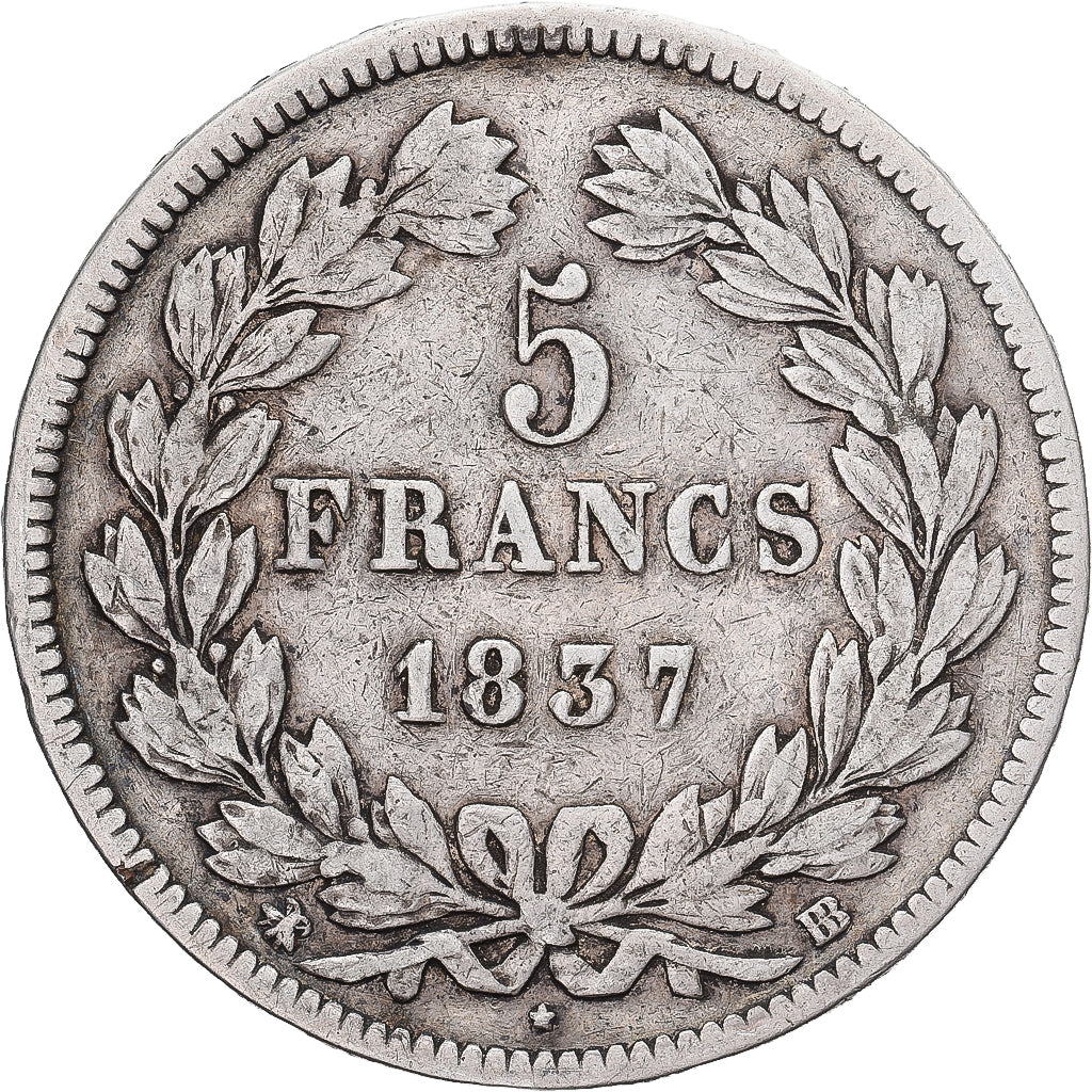 Moneta, Francia, Louis-Philippe, 5 Francs, 1837, Rouen, MB+, Argento, KM:749.2