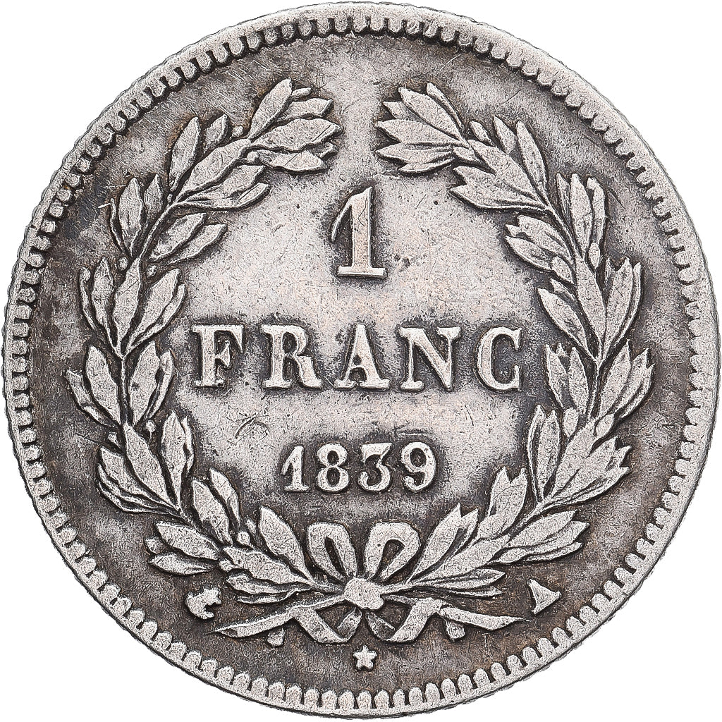 França, Franc, Louis-Philippe, 1839, Paris, Prata, VF(20-25), KM:743.1