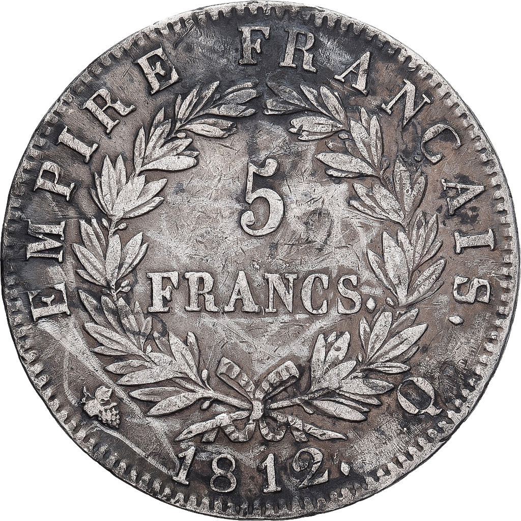 Francia, Napoléon I, 5 Francs, 1812, Perpignan, BC+, Plata, KM:694.12