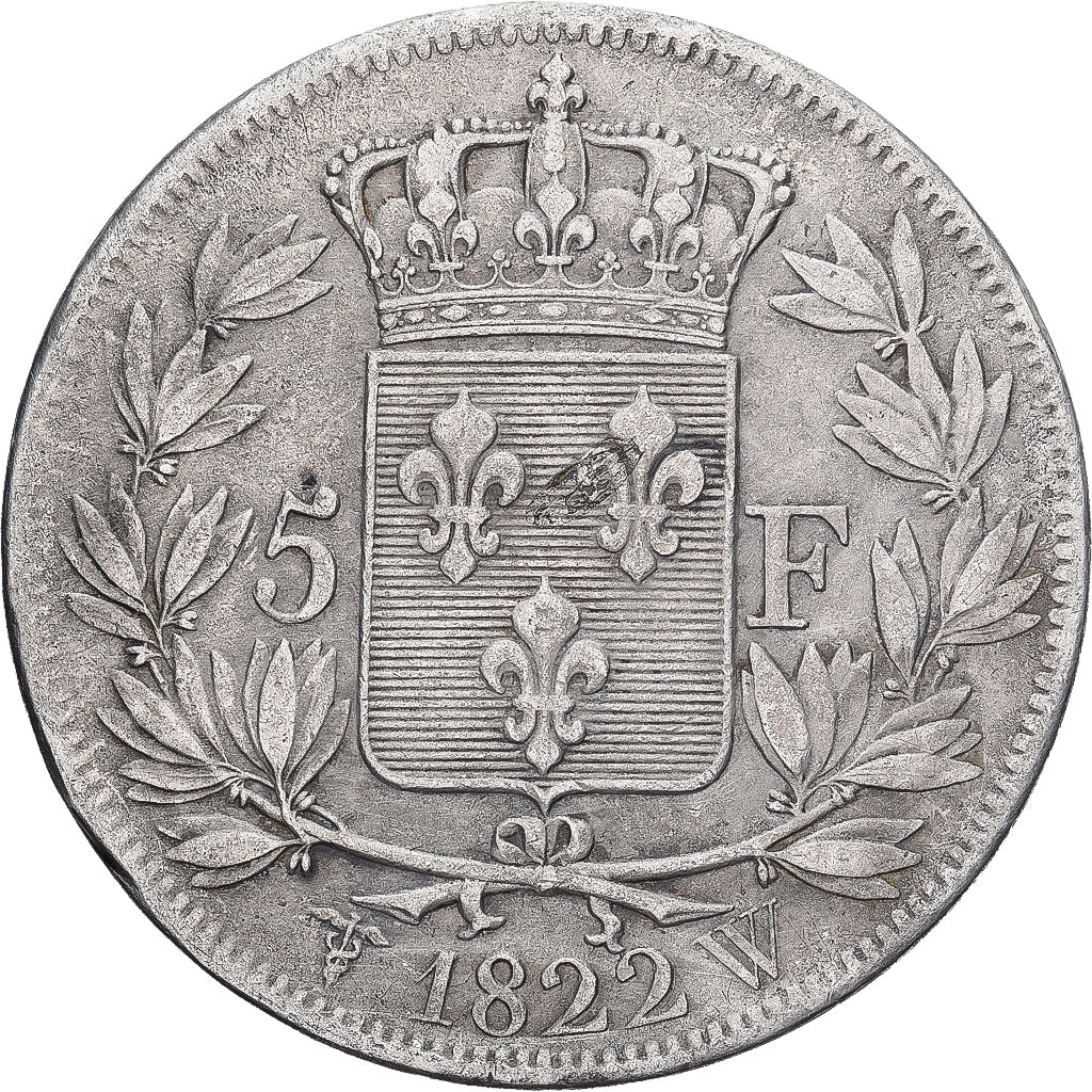 França, Louis XVIII, 5 Francs, 1822, Lille, Prata, VF(30-35), Gadoury:614