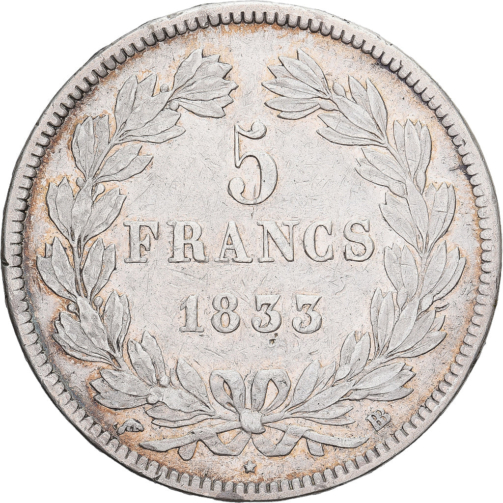 Moneta, Francja, Louis-Philippe, 5 Francs, 1833, Strasbourg, VF(20-25), Srebro