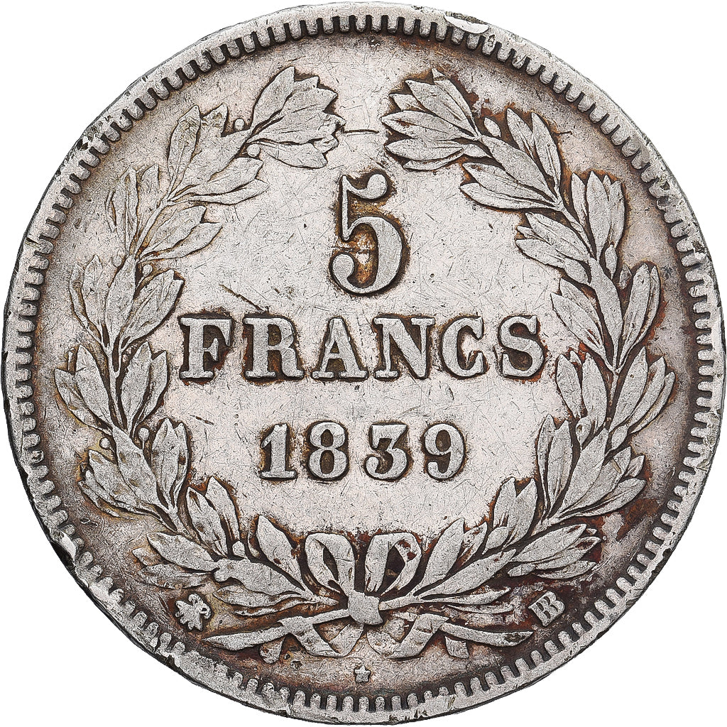 Moneda, Francia, Louis-Philippe, 5 Francs, 1839, Strasbourg, BC+, Plata