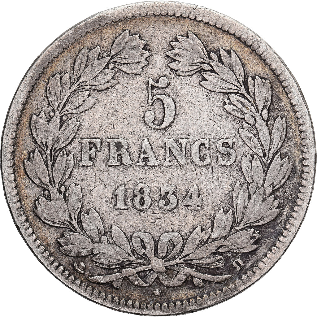Moneda, Francia, Louis-Philippe, 5 Francs, 1834, Lyon, BC+, Plata, KM:749.4