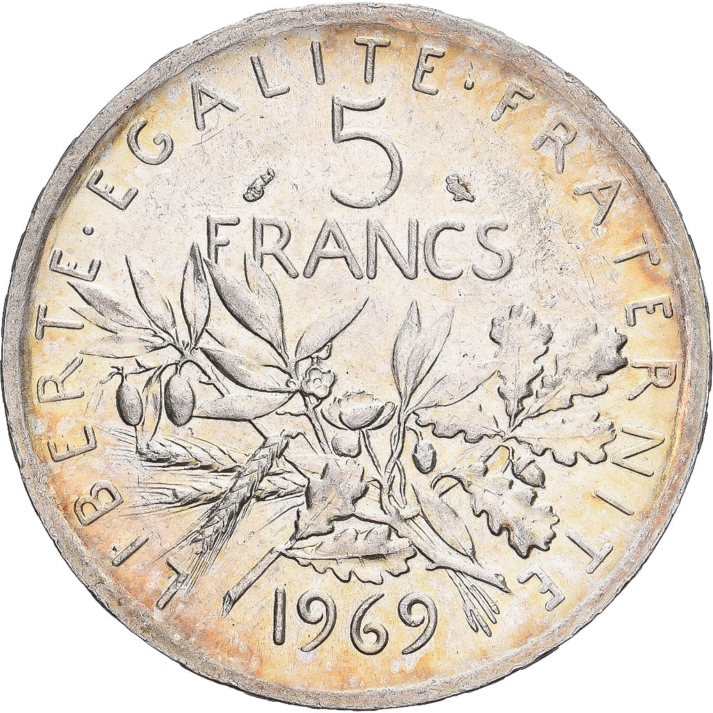 Francja, 5 Francs, Semeuse, 1969, Paris, Srebro, AU(55-58), Gadoury:770, KM:926