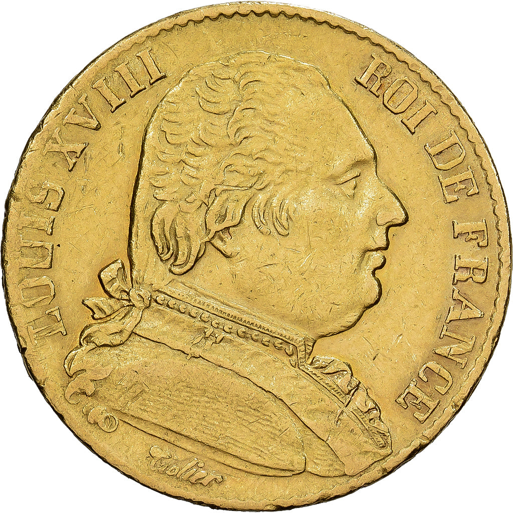 Francja, Louis XVIII, 20 Francs, 1815, Paris, VF(30-35), Złoto, KM:706.1