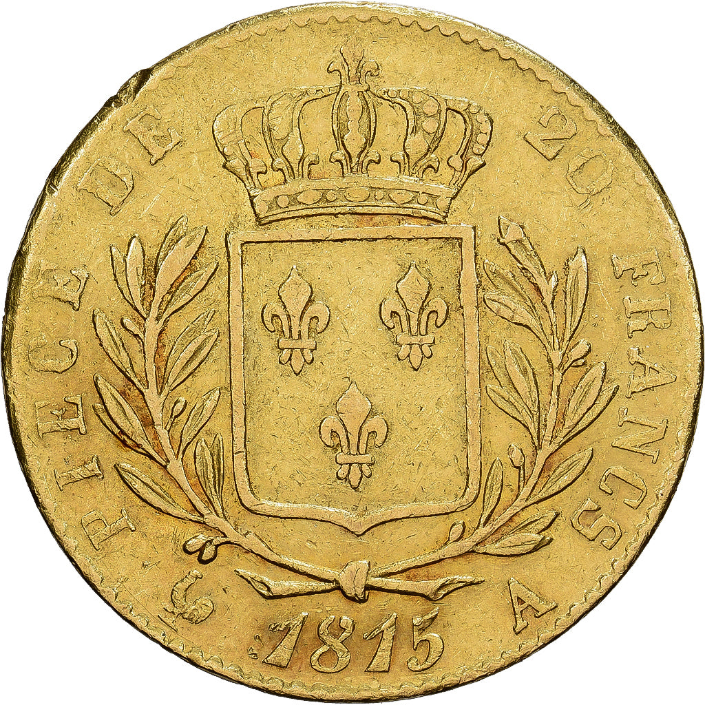 Francja, Louis XVIII, 20 Francs, 1815, Paris, VF(30-35), Złoto, KM:706.1