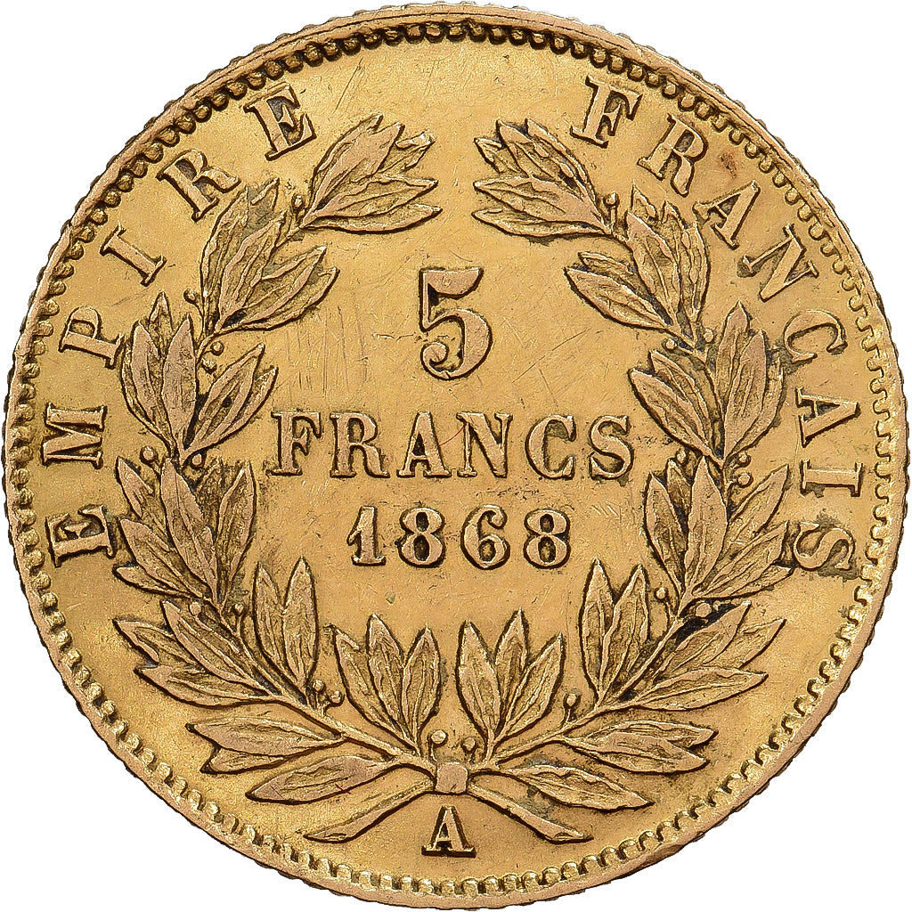Francia, Napoleon III, 5 Francs, 1868, Paris, Oro, MBC, Gadoury:1002, KM:803.1
