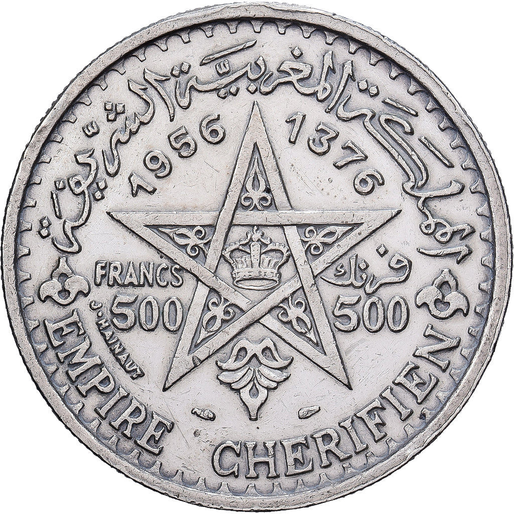 Marrocos, Mohammed V, 500 Francs, 1956/AH1376, Paris, Prata, AU(50-53), KM:54