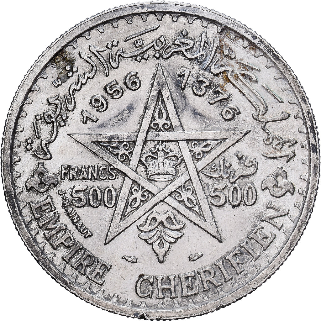 Marrocos, Mohammed V, 500 Francs, 1956/AH1376, Paris, Prata, AU(55-58), KM:54
