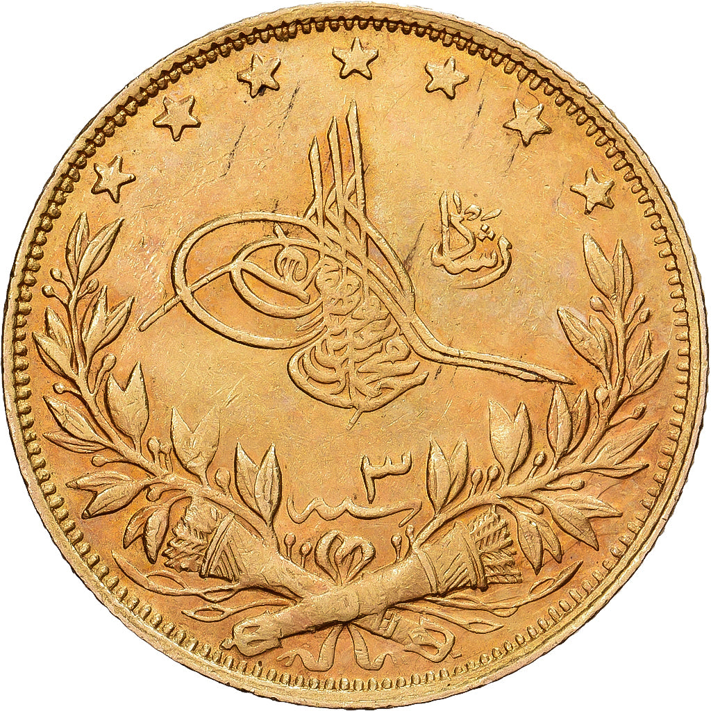 Turquia, Muhammad V, 100 Kurush, 1914, Qustantiniyah, Dourado, AU(55-58), KM:754