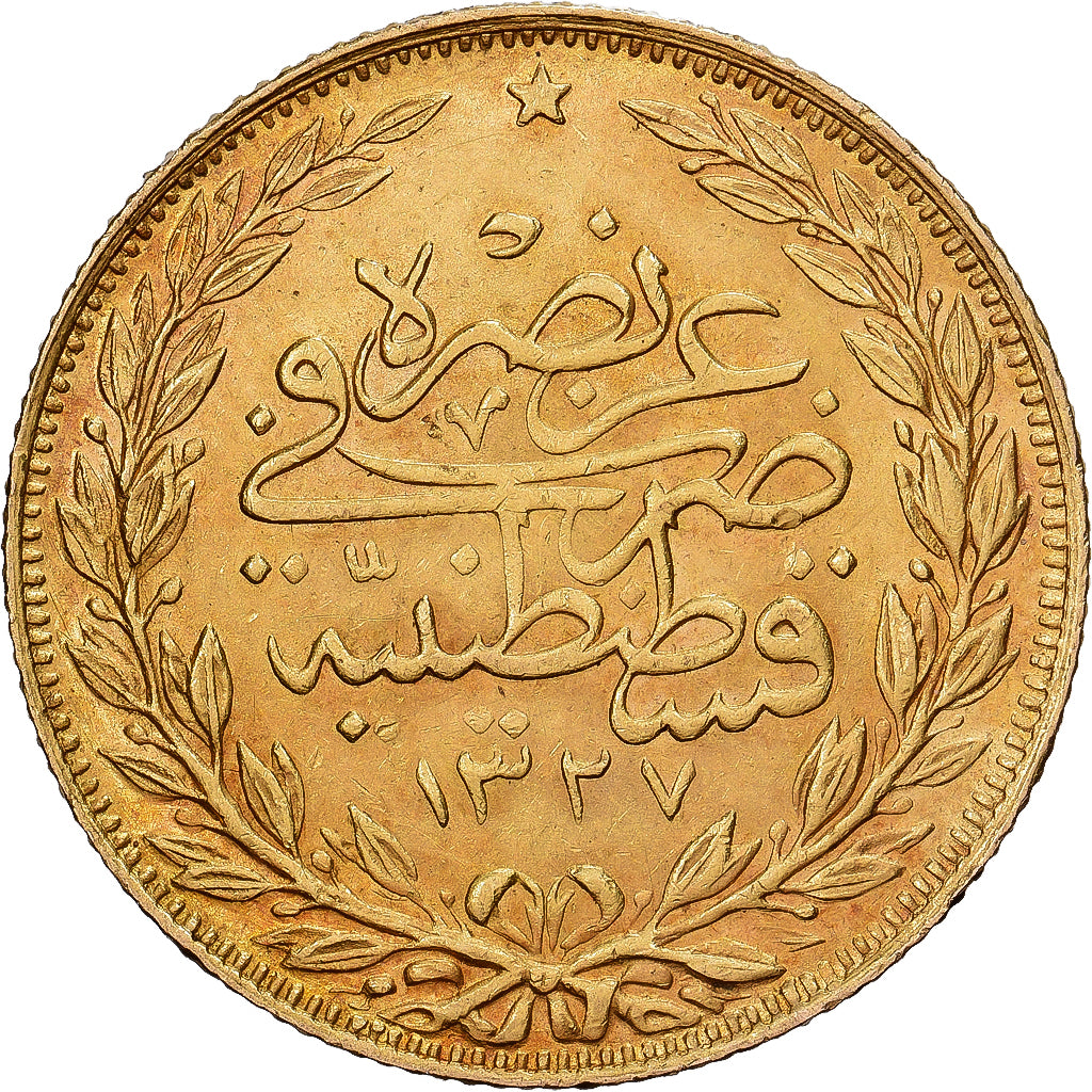 Turquia, Muhammad V, 100 Kurush, 1914, Qustantiniyah, Dourado, AU(55-58), KM:754