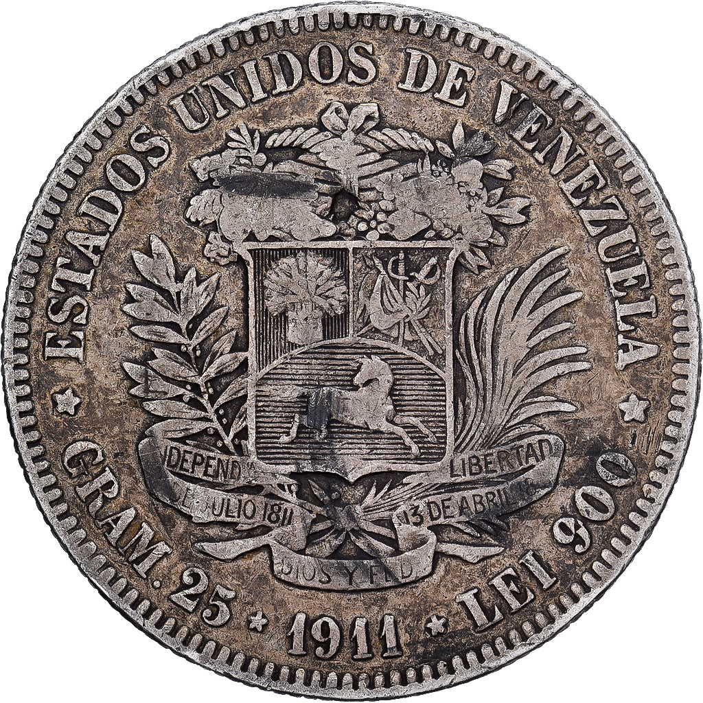 Coin, Venezuela, Gram 25, 5 Bolivares, 1911, VF(30-35), Silver, KM:24.2