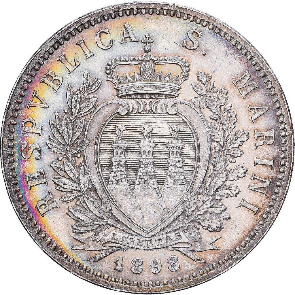 San Marino, 5 Lire, 1898, Rome, Prata, AU(50-53), KM:6