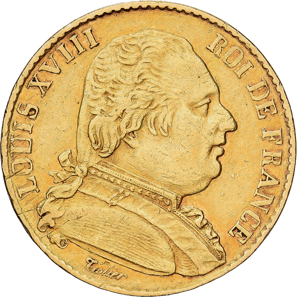 Francia, Louis XVIII, 20 Francs, 1814, Paris, BC+, Oro, KM:706.1, Gadoury:1026
