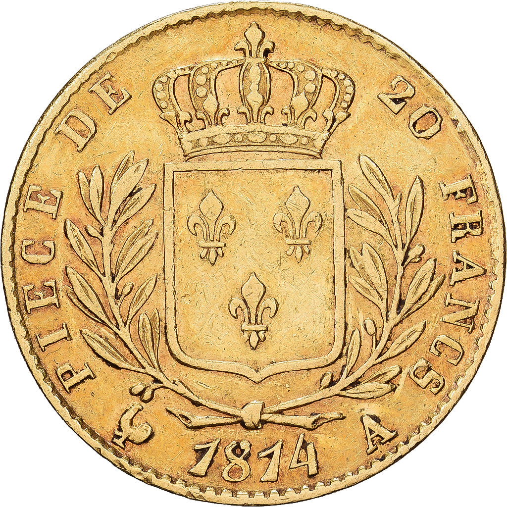 Francia, Louis XVIII, 20 Francs, 1814, Paris, BC+, Oro, KM:706.1, Gadoury:1026