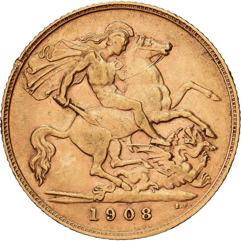 GREAT BRITAIN, 1/2 Sovereign, 1908, KM #804, EF(40-45), Gold, 3.98