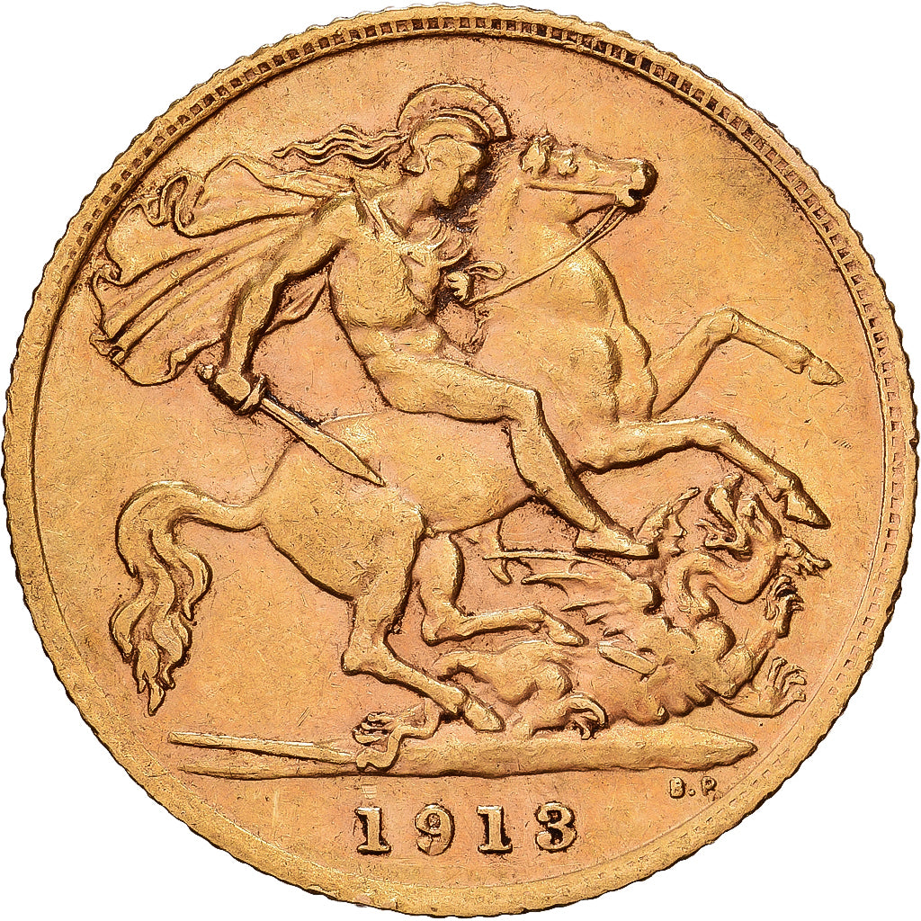 GREAT BRITAIN, 1/2 Sovereign, 1913, KM #819, AU(55-58), Gold, 3.99