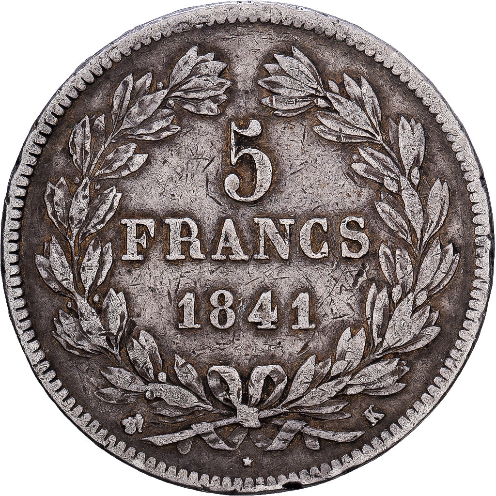 Moneta, Francia, Louis-Philippe, 5 Francs, 1841, Bordeaux, MB+, Argento