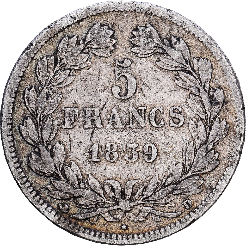 Coin, France, Louis-Philippe, 5 Francs, 1839, Lyon, VF(30-35), Silver, KM:749.4