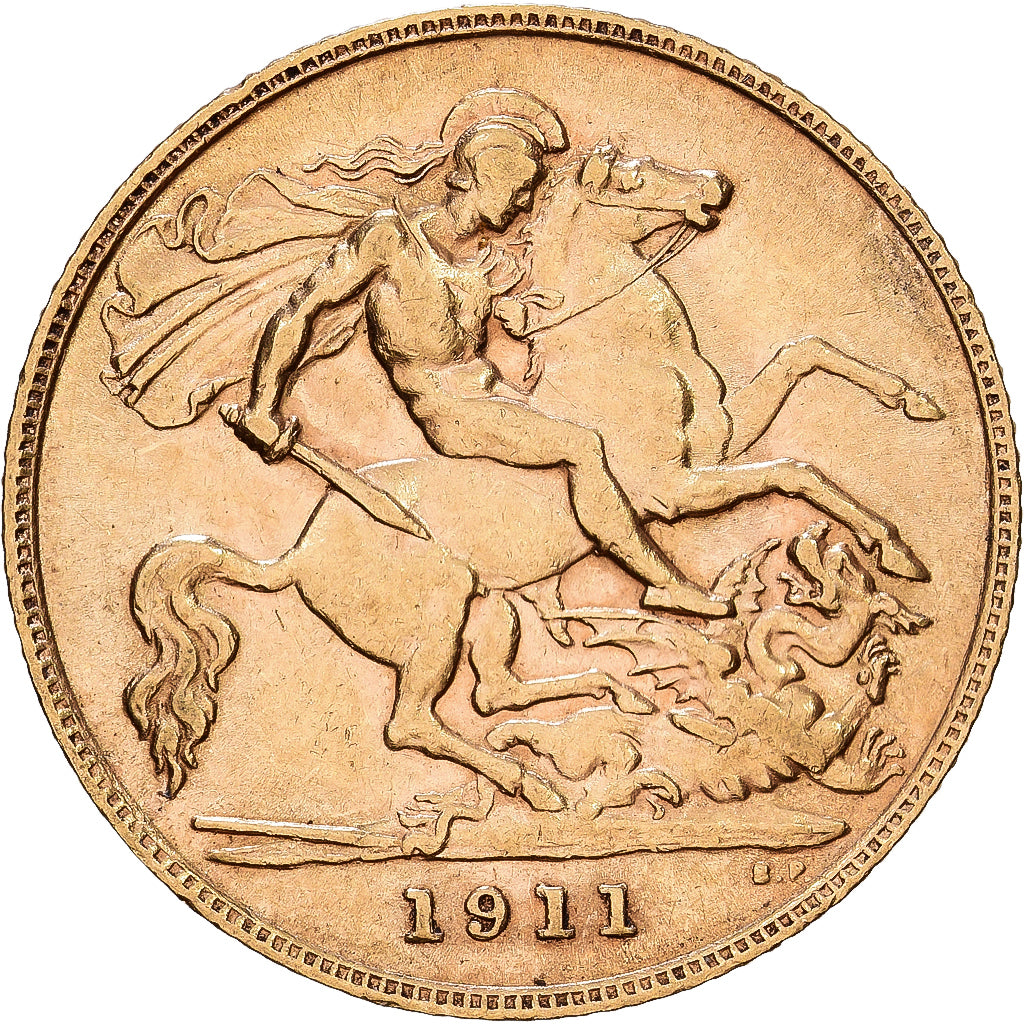 GREAT BRITAIN, 1/2 Sovereign, 1911, KM #819, AU(55-58), Gold, 3.98