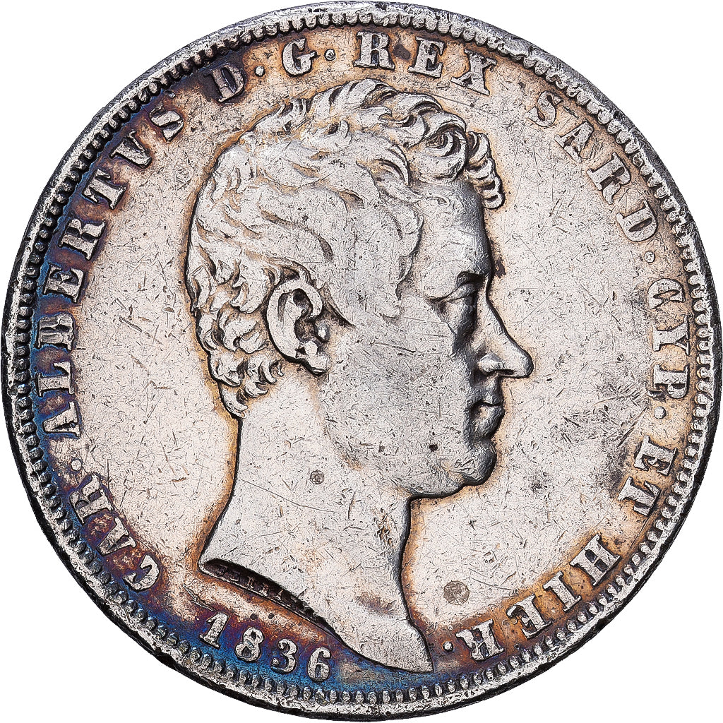 Kingdom of Sardinia, SARDINIA, Carlo Alberto, 5 Lire, 1836, Genoa, Silver