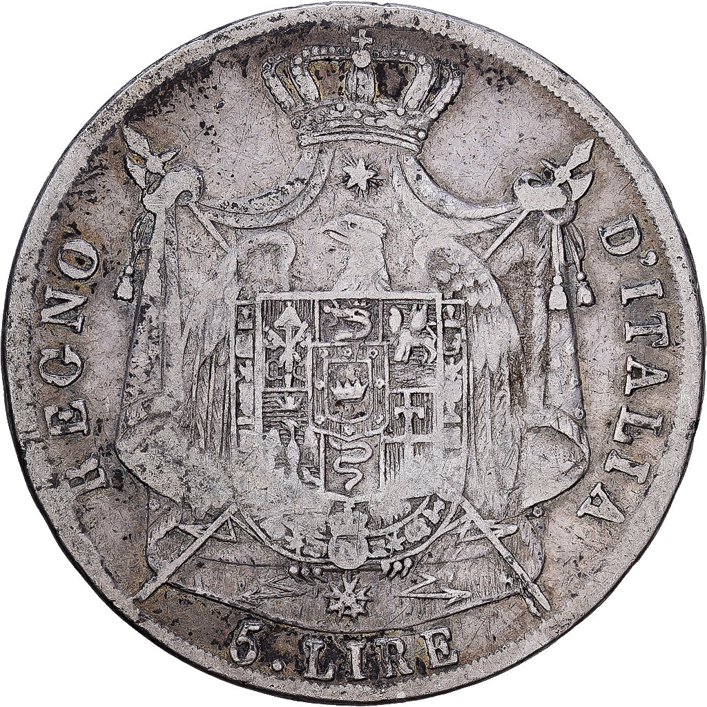 Itália, KINGDOM OF NAPOLEON, Napoleon I, 5 Lire, 1812, Milan, Prata, VF(20-25)