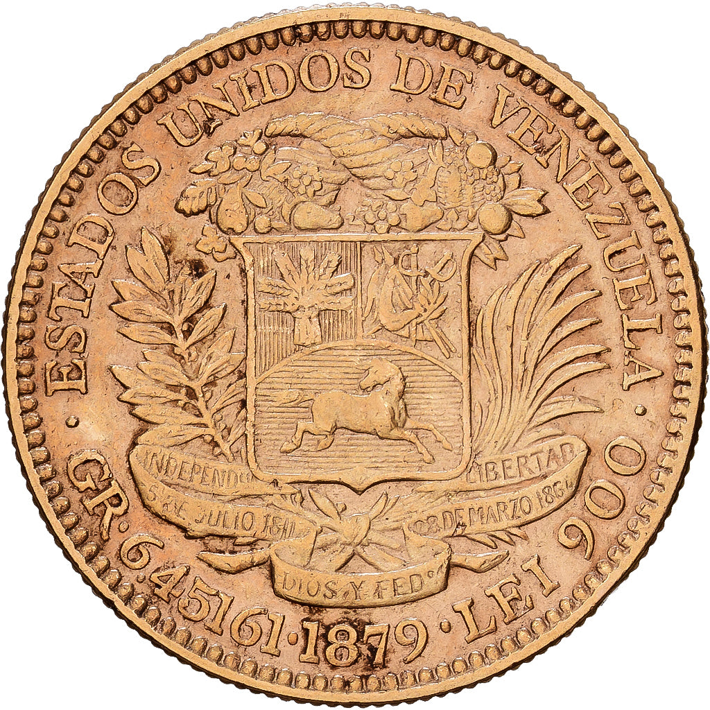 Venezuela, 20 Bolivares, 1879, Caracas, Gold, EF(40-45), KM:32