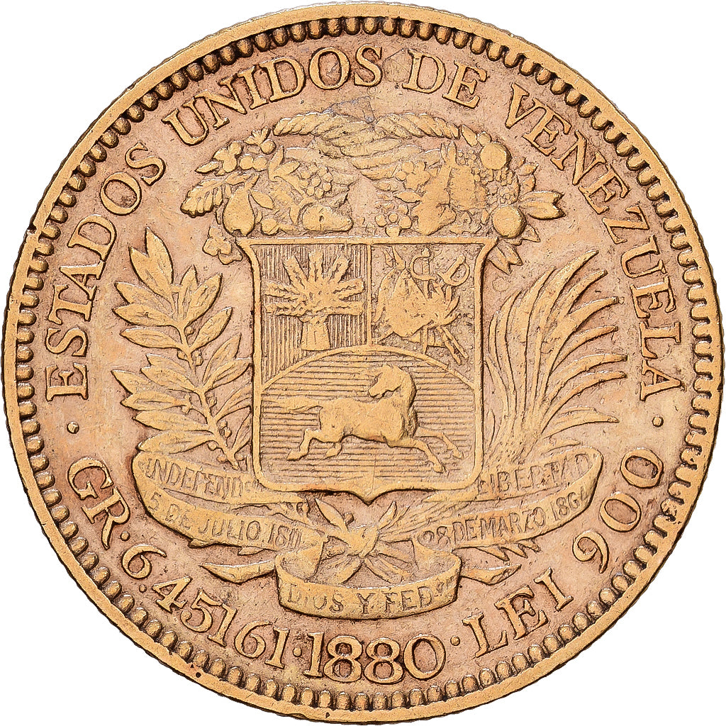 Venezuela, 20 Bolivares, 1880, Caracas, VF(30-35), Dourado, KM:32