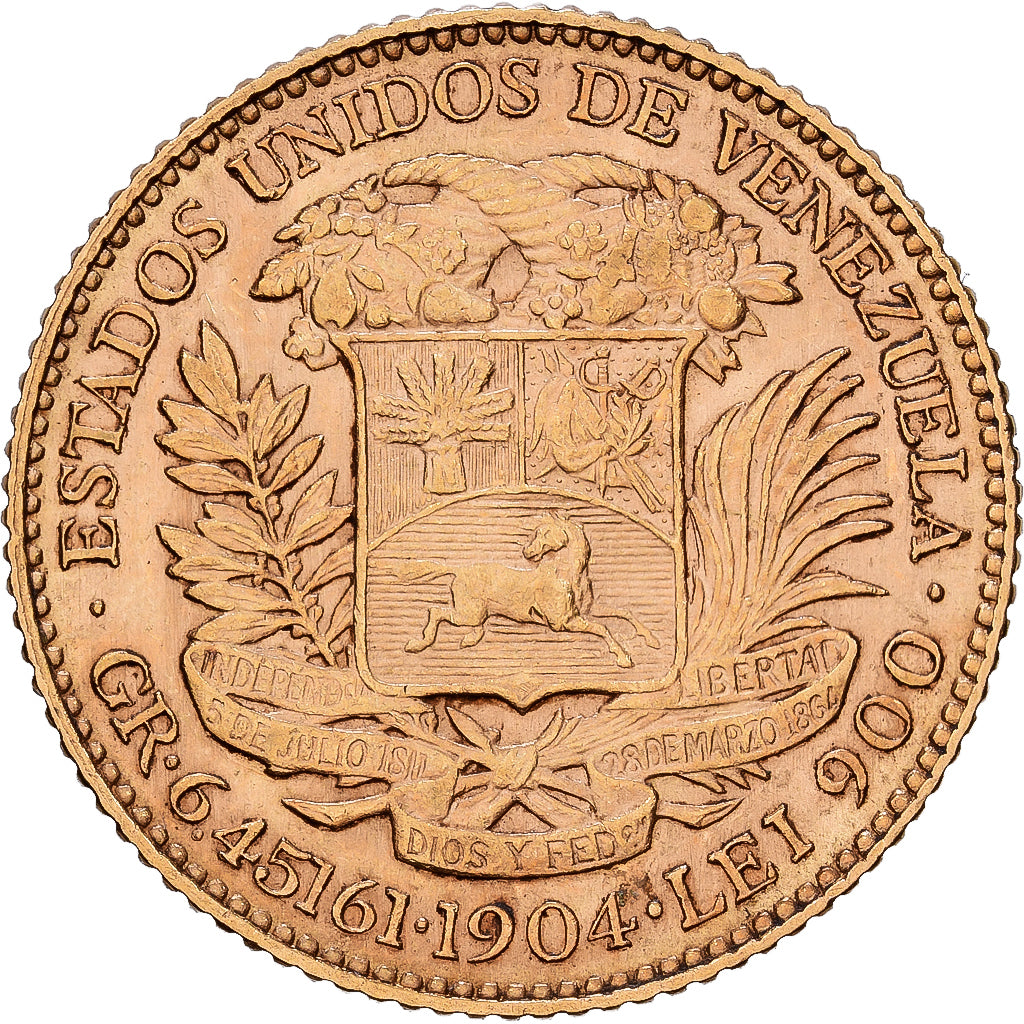 Venezuela, 20 Bolivares, 1904, Caracas, Goud, FR+, KM:32