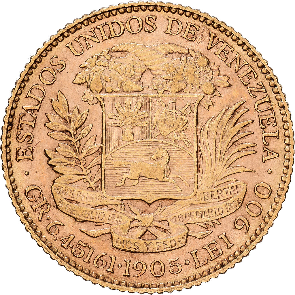 Venezuela, Gr 6.4516, 20 Bolivares, Simon Bolivar, 1905, Oro, MBC+, KM:32